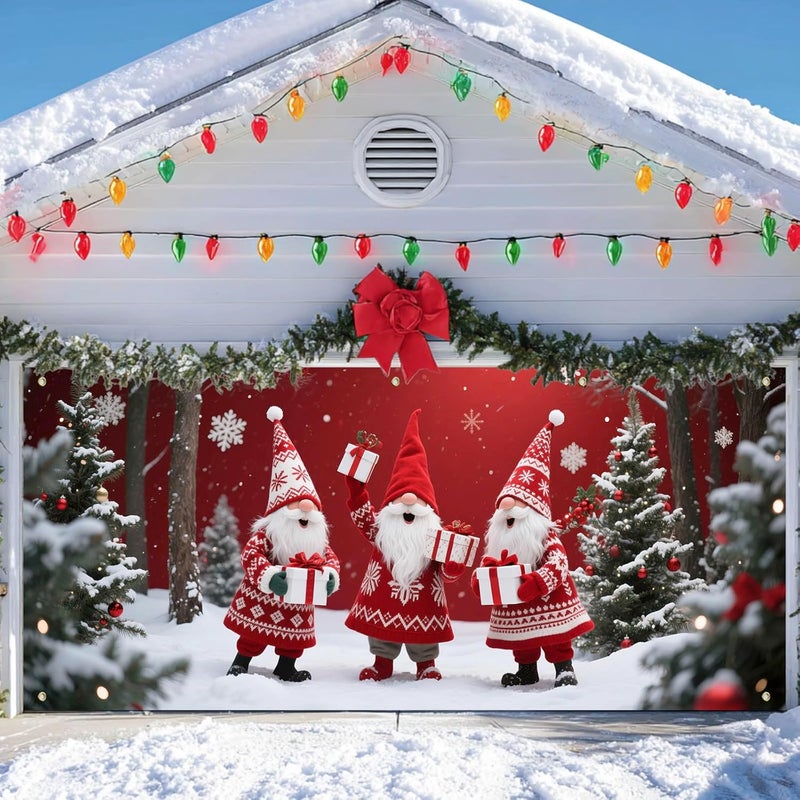 IVN Christmas Garage Door Cover Decoration 13x6ft Three Santas Gnome Red Gift Tree Snowy Trees Merry Christmas Garage Door Banner Home Door Front Yard Decor for Xmas Eve Holiday Outdoor - Image 4
